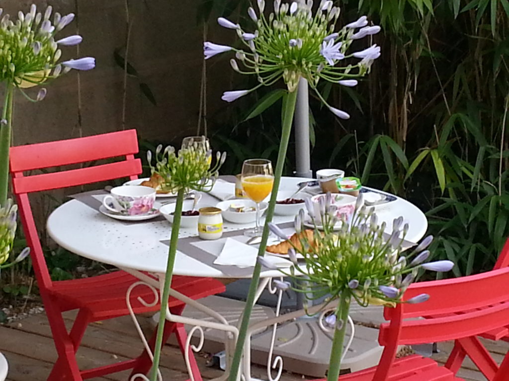 Chambres d'hôtes Les Francières en plein centre de Vierzon, le petit déjeuner continental avec ses croissants, pain tradition, la campagne en ville agapanthes.